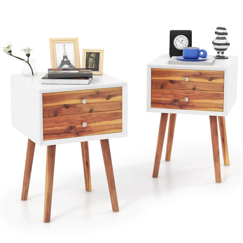 Gymax 2PCS Wooden Nightstand Mid-Century End Side Table W/2 Storage - Brown - MDF