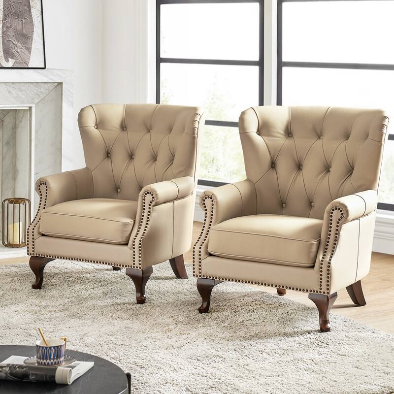 Gerhard Genuine Leather Armchair with Nailhead Trims and Removable Cushion Set of 2 by HULALA HOME - Beige
