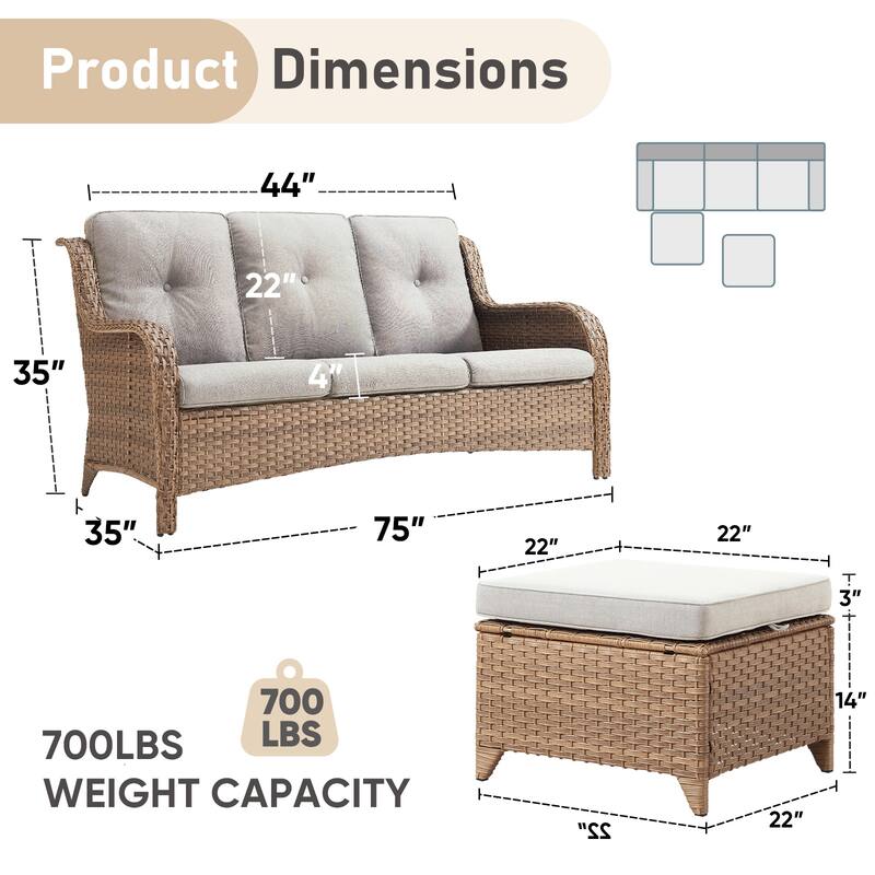 Gymojoy Patio Wicker 3-Seat Sofa with Ottoman Weather-resistance