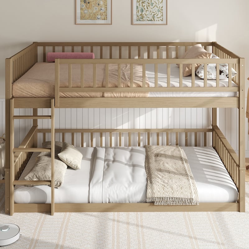 Bunk Bed Frame with Ladder and Guardrails, Detachable Design Wooden Bunk Bedframe into 2 Separate Platform Beds - Walnut Queen over Queen - Queen