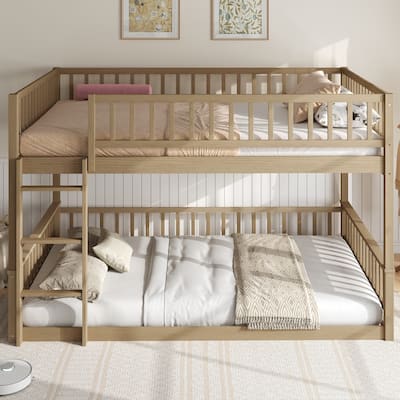 Bunk Bed Frame with Ladder and Guardrails, Detachable Design Wooden Bunk Bedframe into 2 Separate Platform Beds