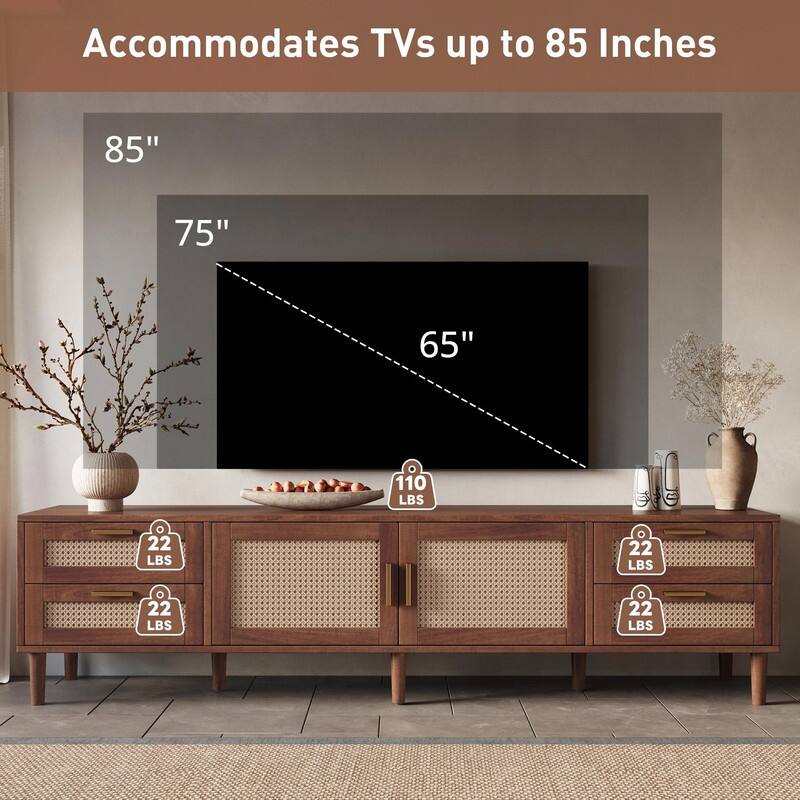 78" TV Stand for TVs up to 85", Media Console with 4 Drawers, Solid Wood Legs & Soft-Closing Hinges