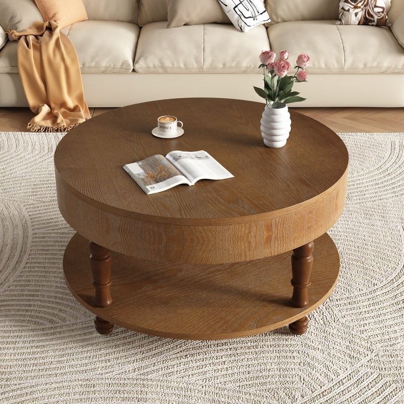 Modern Round Coffee Table with Dual Storage and Flip-Top Design for Living Room Organization