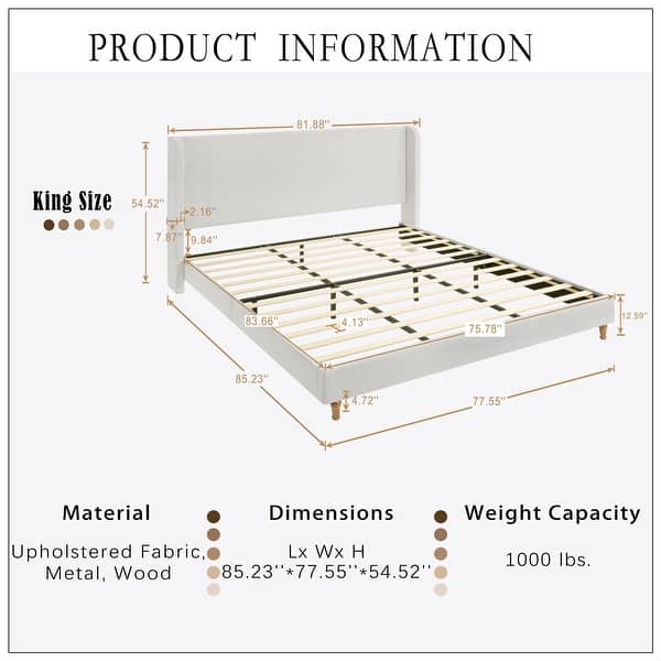dimension image slide 3 of 11, Upholstered Platform Bed with Curve-Shaped Design Headboard