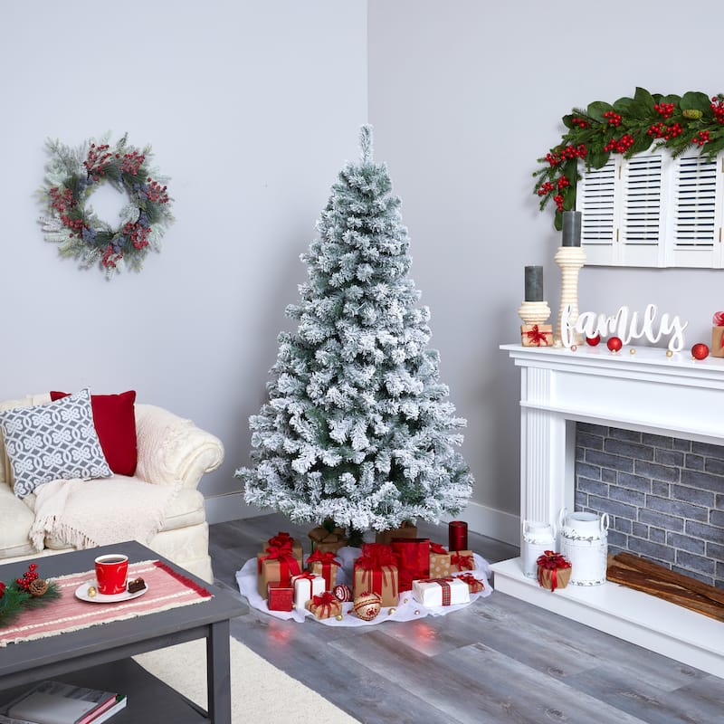 6’ Pre-Lit Flocked Fir Artificial Christmas Tree, Warm Clear LED Lights - 6 Foot