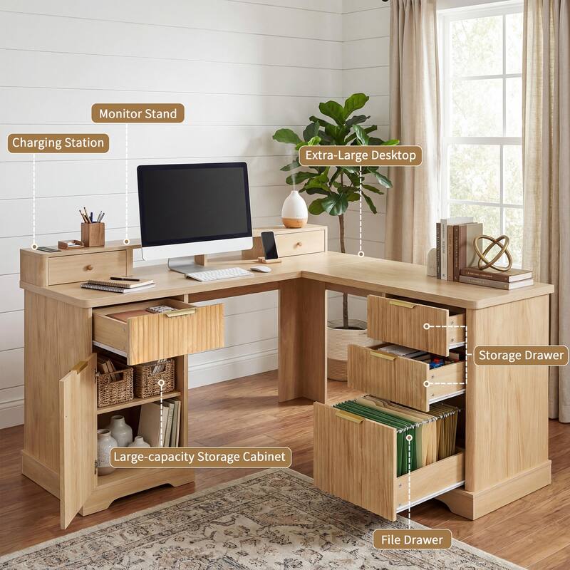 59" Modern Fluted L-Shaped Desk with Charging Station & Storage Cabinet Home Office Computer Desk with Monitor Stand