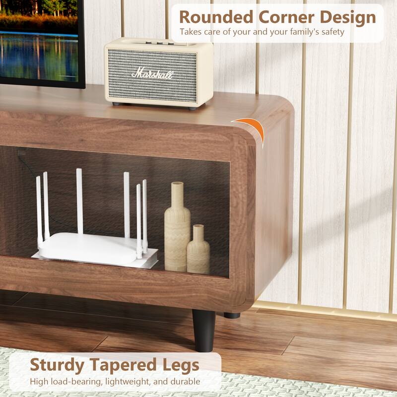 65" Mid Century TV Stand with Glass Doors and Charging Station