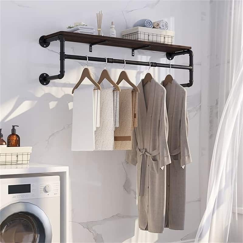 Clothes Rack with Top Shelf, 41in Industrial Pipe Wall Mounted Garment Rack