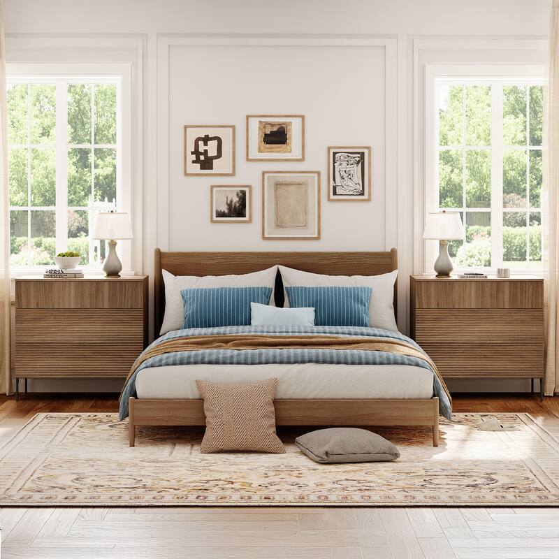 Modern Minimalist Wood Nightstand With 3 Drawers ,31.5" End Table,Reeded Design Bedside Table