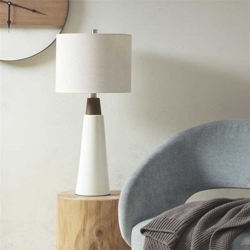 Triangular Ceramic and Wood Table Lamp - White
