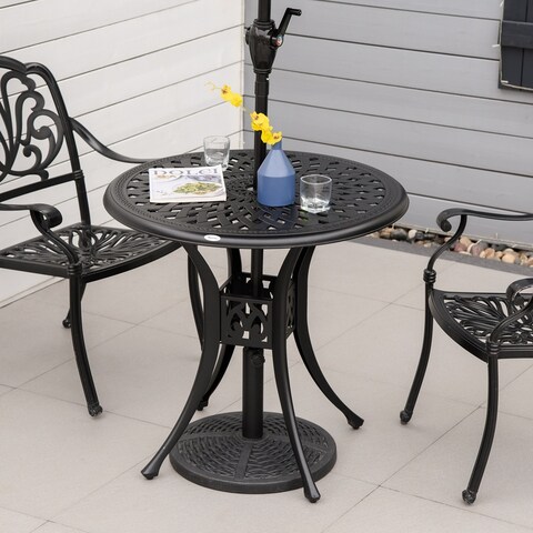 Outsunny 30" Round Patio Dining Table with Umbrella Hole, Antique Cast Aluminum Outdoor Bistro Table