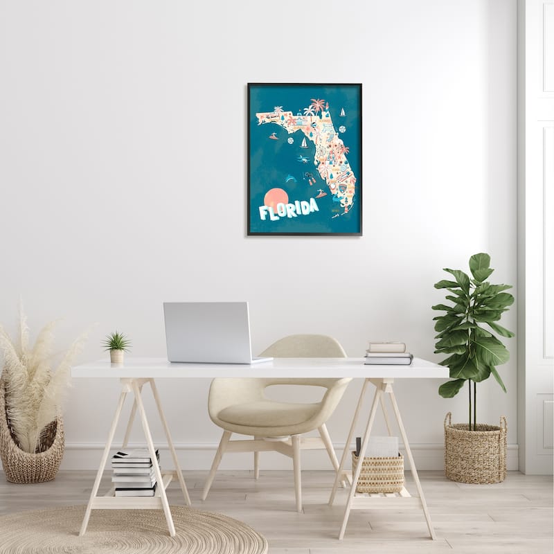 Stupell Florida Sunny State Retro Vacation Tourism Vivid Map Framed Wall Art, Design by Ziwei Li - Blue