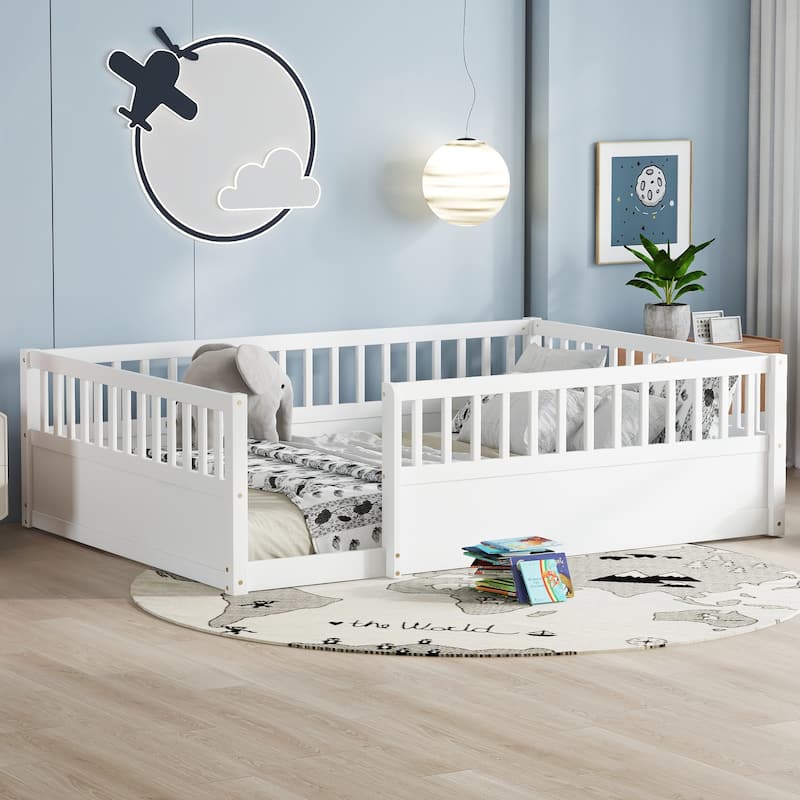 Full Floor Bed Frame with Fence, Montessori wooden children's floor bed,Wood Kids Floor Beds Frame for Bedroom Playroom