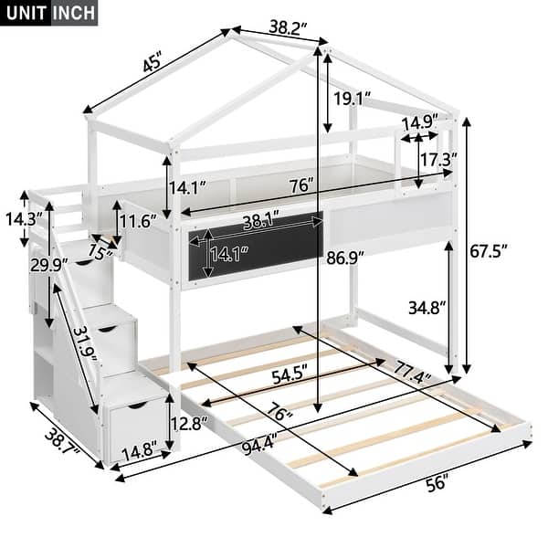 dimension image slide 1 of 2, Twin over Full House Bunk Bed with Blackboard and Suitcase