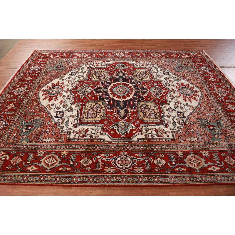 Hand Knotted Oriental 100% Wool Carpet Traditional Medallion Beige & Ivories Heriz (serapi) Area Rug - 10' 0'' X 7' 11''