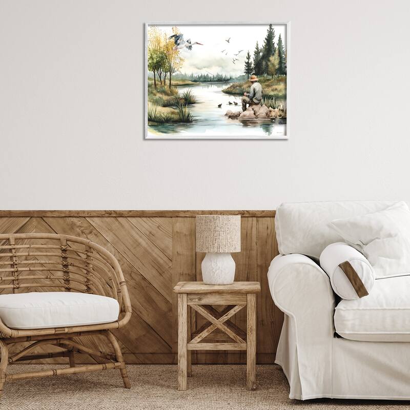 Stupell Fishing by River Landscape Framed Giclee Art Design By Nicole DeCamp