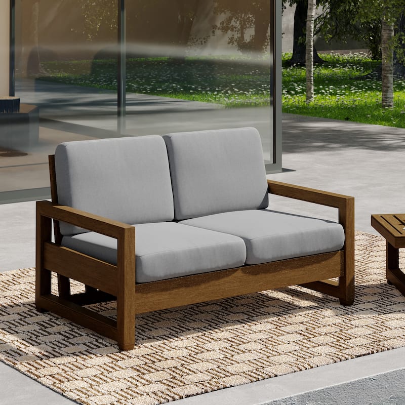 Patio Teak Wood Outdoor Loveseat with Cushion - Light Grey/ Natural Wood