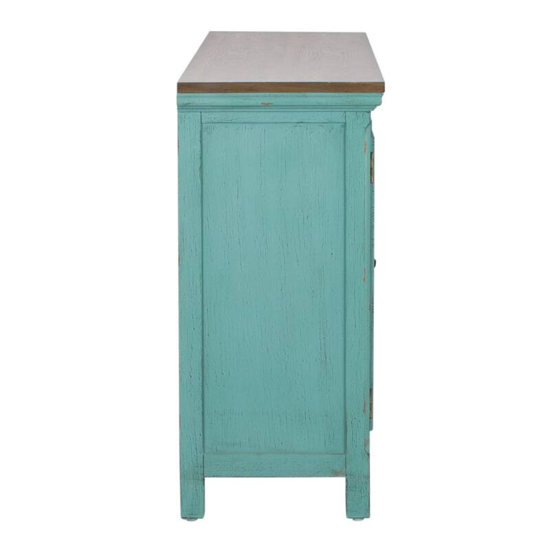 Kensington Turquoise W/ Worn Wood Tone Top 4 Door Accent Cabinet