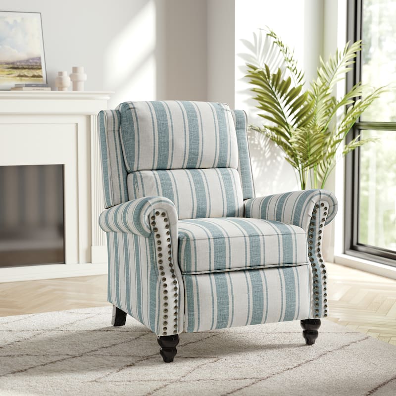 Nail-head Padded Seat Pushback Recliner Chair - Stripe Blue Linen