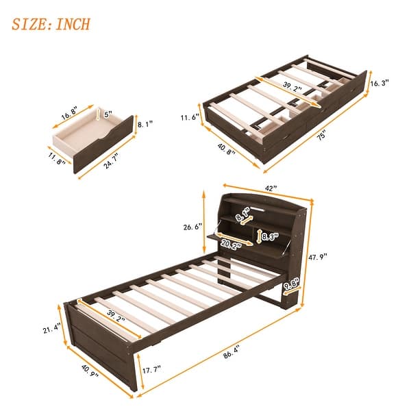 dimension image slide 2 of 3, Twin Size Wooden LED Platform Bed with Trundle, with Storage Headboard, with Drawers