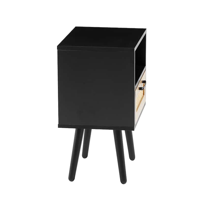 Rattan End Table Modern Black 15.7" Nightstand with Drawer and Solid Wood Legs, Bedroom Floor Organizer Display Cabinets