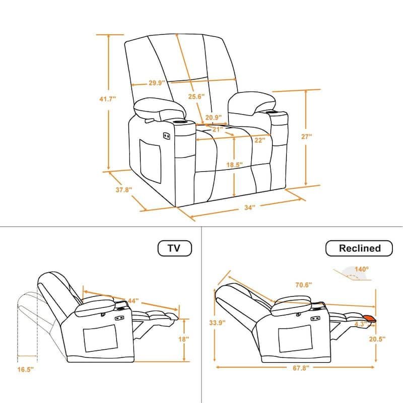 MCombo Electric Power Recliner Chair with Massage & Heat, Plush Fabric 8015