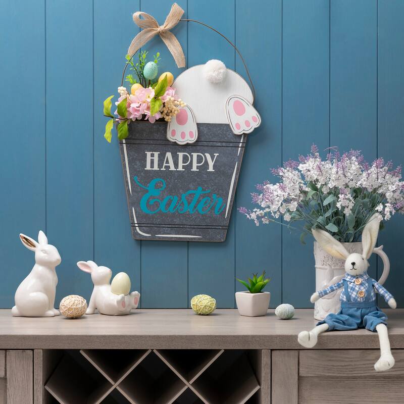 Glitzhome Easter Wooden Cute Bunny Eggs/Fence Door Hanger Wall Decor Spring Gift