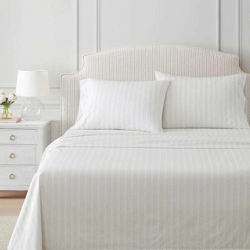 Martha Stewart Printed Cotton Percale Sheet Set - Francesca Stripe Beige - Full