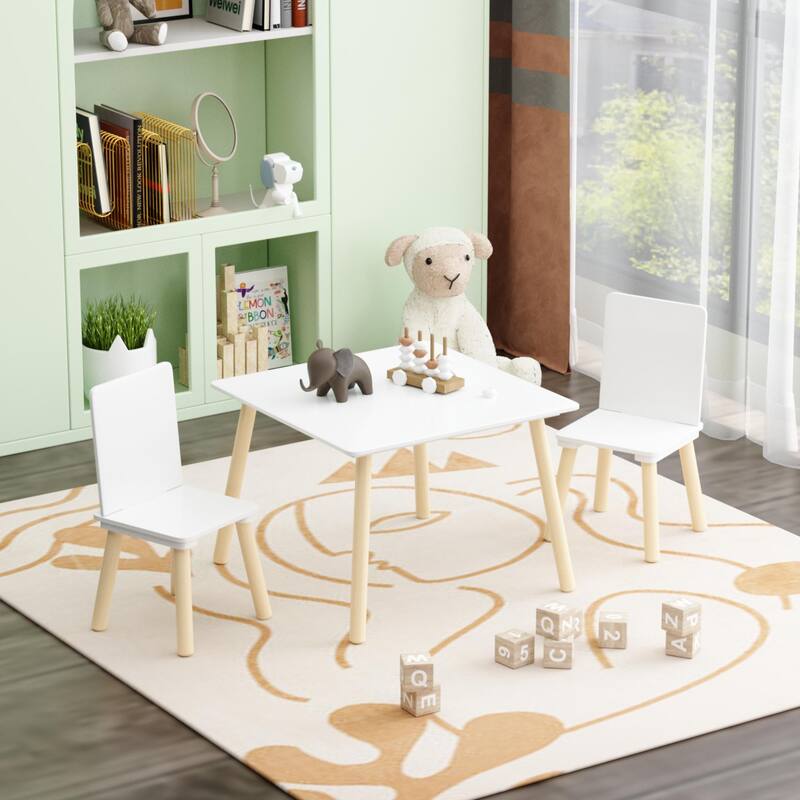 Anmytek Toddler 3-Piece Wooden Table and Chair Set Kids Activity Desk with Animal Backrest for Playroom Nursery