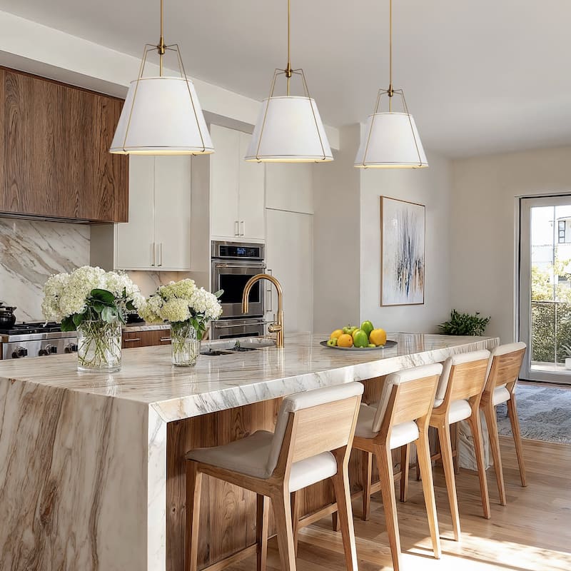 Arthur Modern Pendant Light - Metal, Fabric & Gold, Ivory White Cone Hanging Light For Mid-Century, Modern, Farmhouse Room Decor