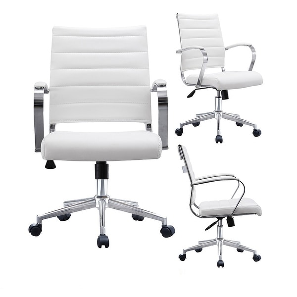 2xhome Office Chairs Mid Back Ribbed PU Leather Conference Room Tilt Work Desk Manager Task Executive Lumber Support Boss