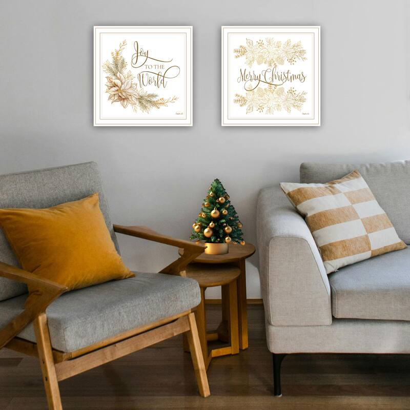 2-Piece Framed Wall Art Set - Golden Merry Christmas, White Frame