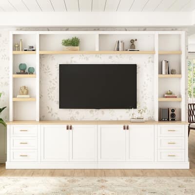 102.3" Farmhouse 4-Piece Entertainment Center Wall Unit with Adjustable Shelves,6 Drawers