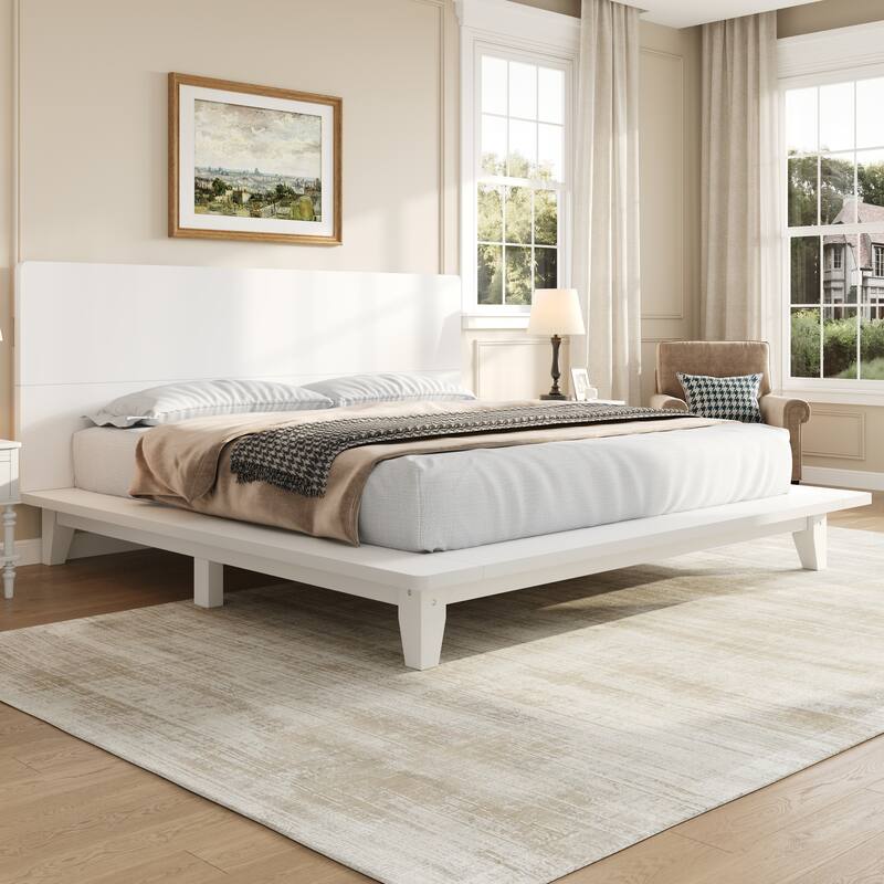 Roomfitters Full/Queen/King Size Wood Platform Bed with Headboard and Slat Support - White - King