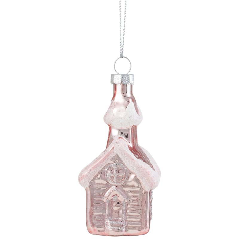 3.25" Snow Covered Pink Church Glass Christmas Ornament