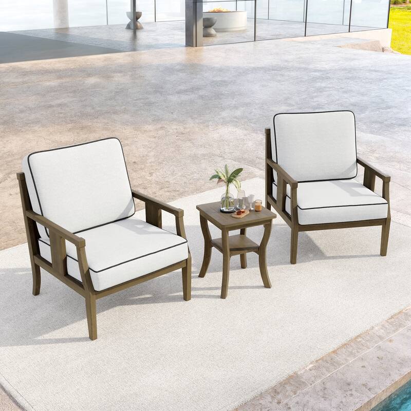 3-Piece Teak Wood Outdoor Armchair Set with Side Table, Cushions, Patio Seating Sets
