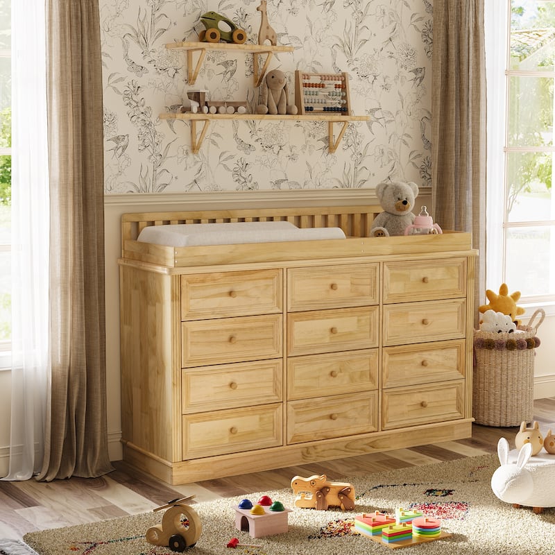 Extra Wide Solid Pine Wood 12-Drawer Changing Table Dresser – 59.9" Real Wood Nursery Dresser with Removable Topper