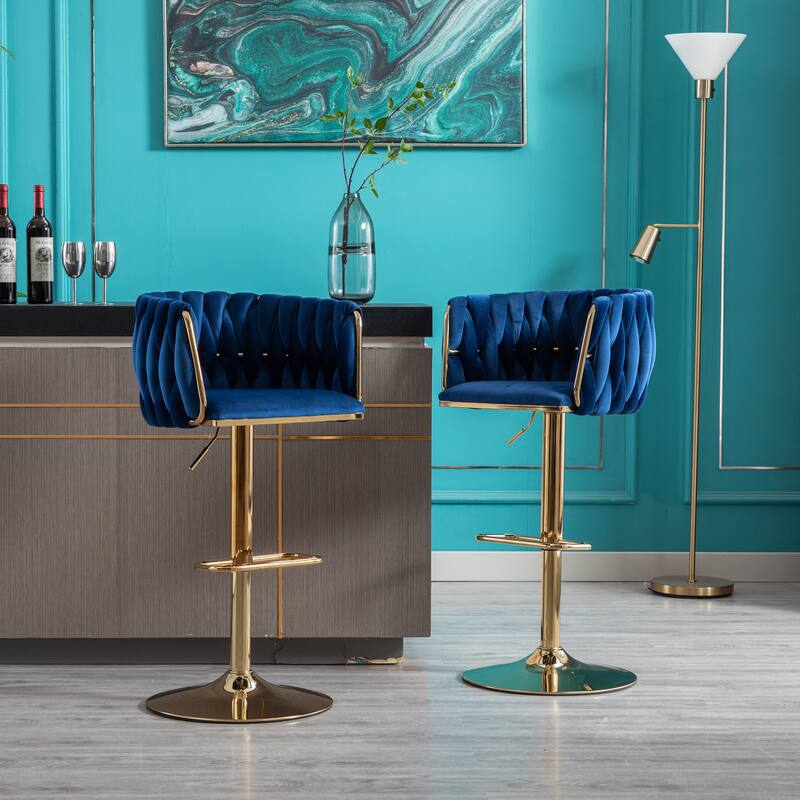 Set of 2 Adjustable Swivel Bar Stools, Navy Blue Velvet with Chrome Footrest & Gold Legs