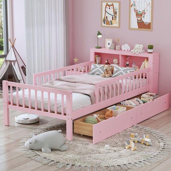 slide 2 of 39, Twin Size Bed with Headboard Storage Rack, Two Under-Bed Drawers, Three-Side Guardrails for Safety and Security Pink