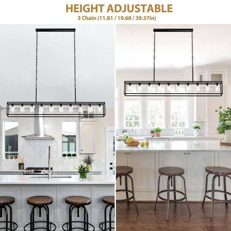 10-Light Rectangular Kitchen Island Black Chandelier Adjustable Farmhouse Pendant Light with Clear Glass Shades - 78.74