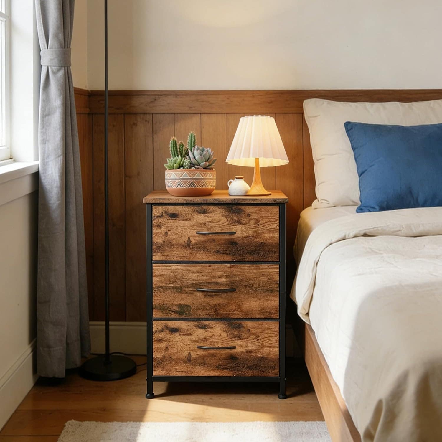 3 Drawer Dresser with Fabric Bins, Wood Grain Print Storage Organizer, Compact Dresser for Bedroom Living Room