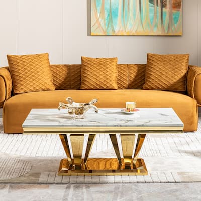 58.18" Modern Rectangular 0.78" Thick MDF Marble Pattern Top,Coffee Table Stainless Steel Base with Gold Mirror Finish