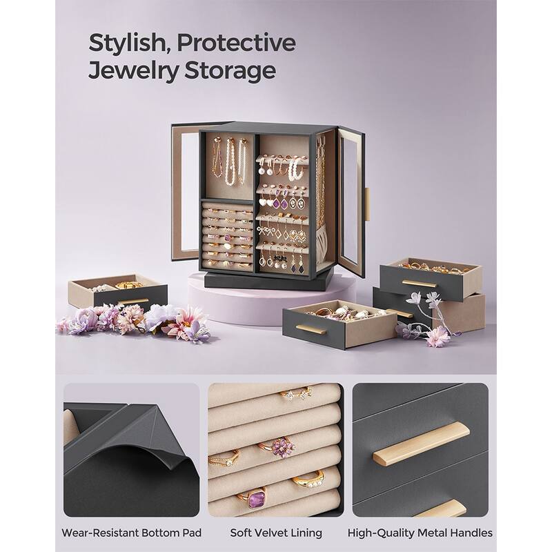 360 Degree MDF Rotating Jewlery Box with 5 Drawers and Metal Handles Perfect for Birthday or Anniversary