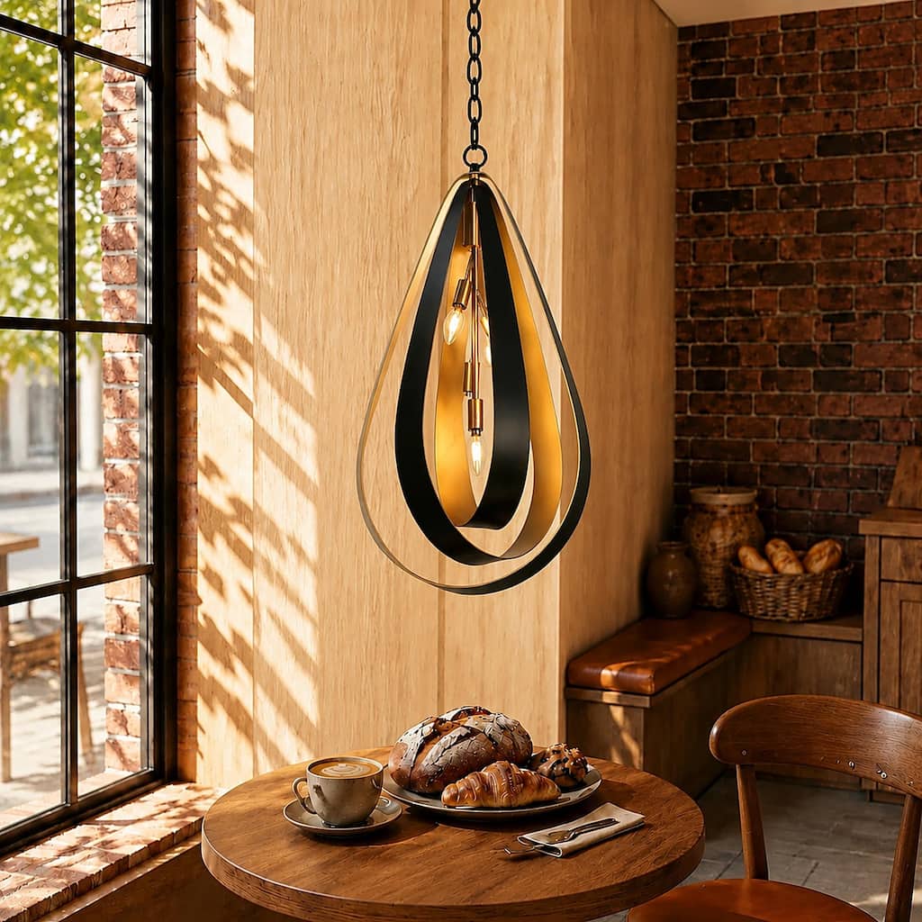 LALUZ Modern 4-Light Black Gold Chandelier Lantern Pendant for Kitchen Island Dining Room