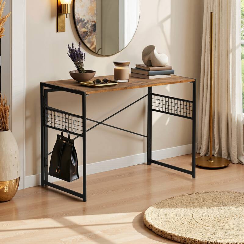Homy Casa Modern Folding Desk with Black Metal Frame and Wood Top