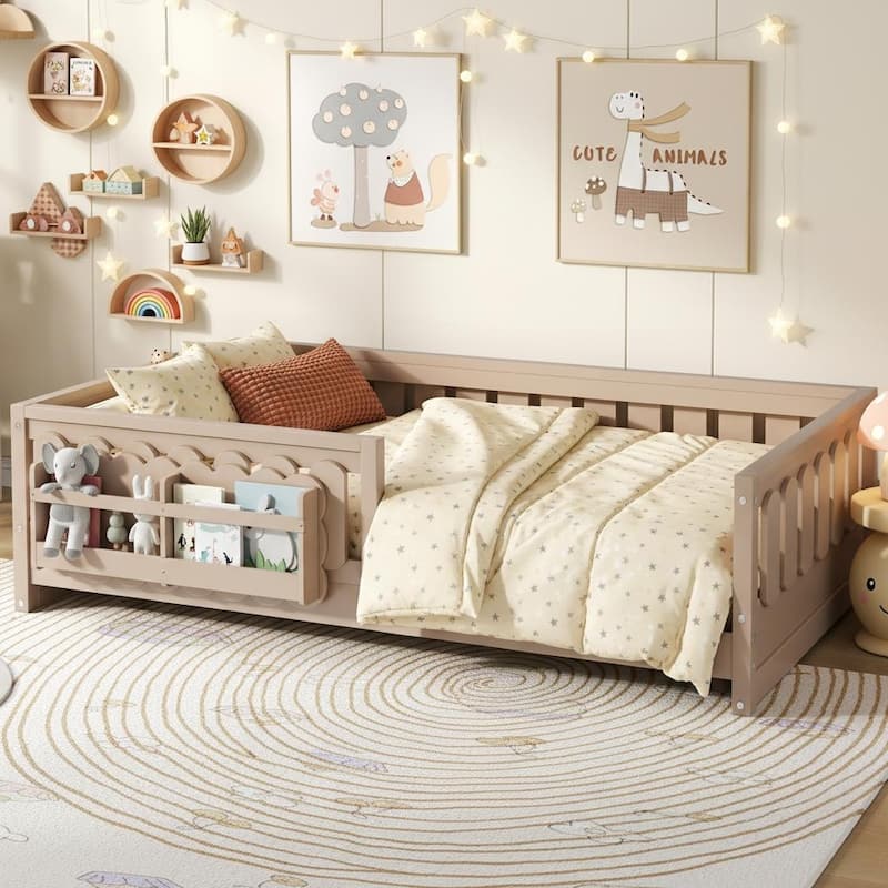 Wood Platform Bed with Guardrails and Built-In Bookshelves by Harper&Bright Designs - Natural - Twin