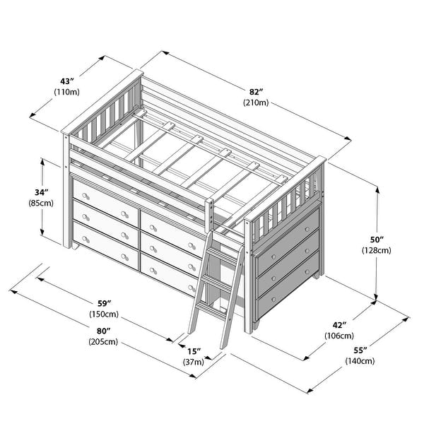 Max and Lily Twin-Size Low Loft with 3-Drawer and 6-Drawer Dressers