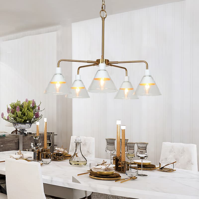 Seticy Modern Wagon Wheel Chandeliers with Accent White Gold Shaded Cone Glass for Dining Room - D 25" x H 21.5"