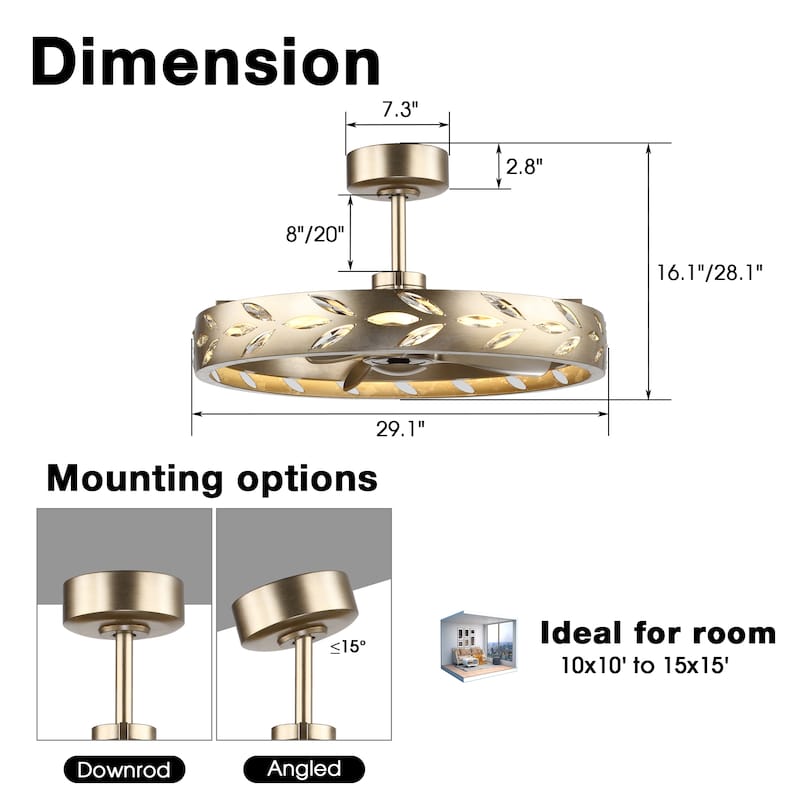Perimost 29.1" Nickel 3-Blade Crystal Caged Ceiling Fan with Light and Remote