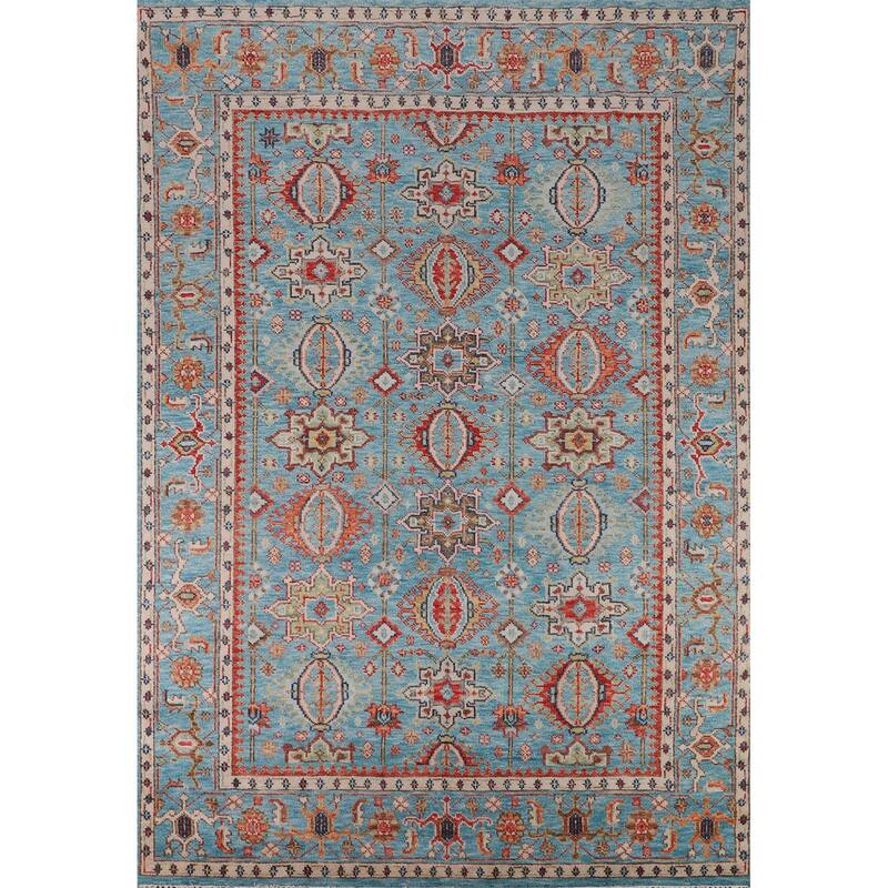 All-Over Blue Oushak Oriental Area Rug Handmade Floral Wool Carpet - 9'1"x 11'11"